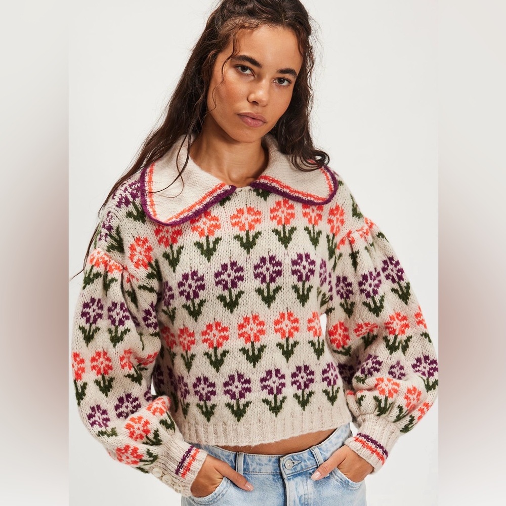 Floral Patterned Sweater - Cream, Purple, and Red